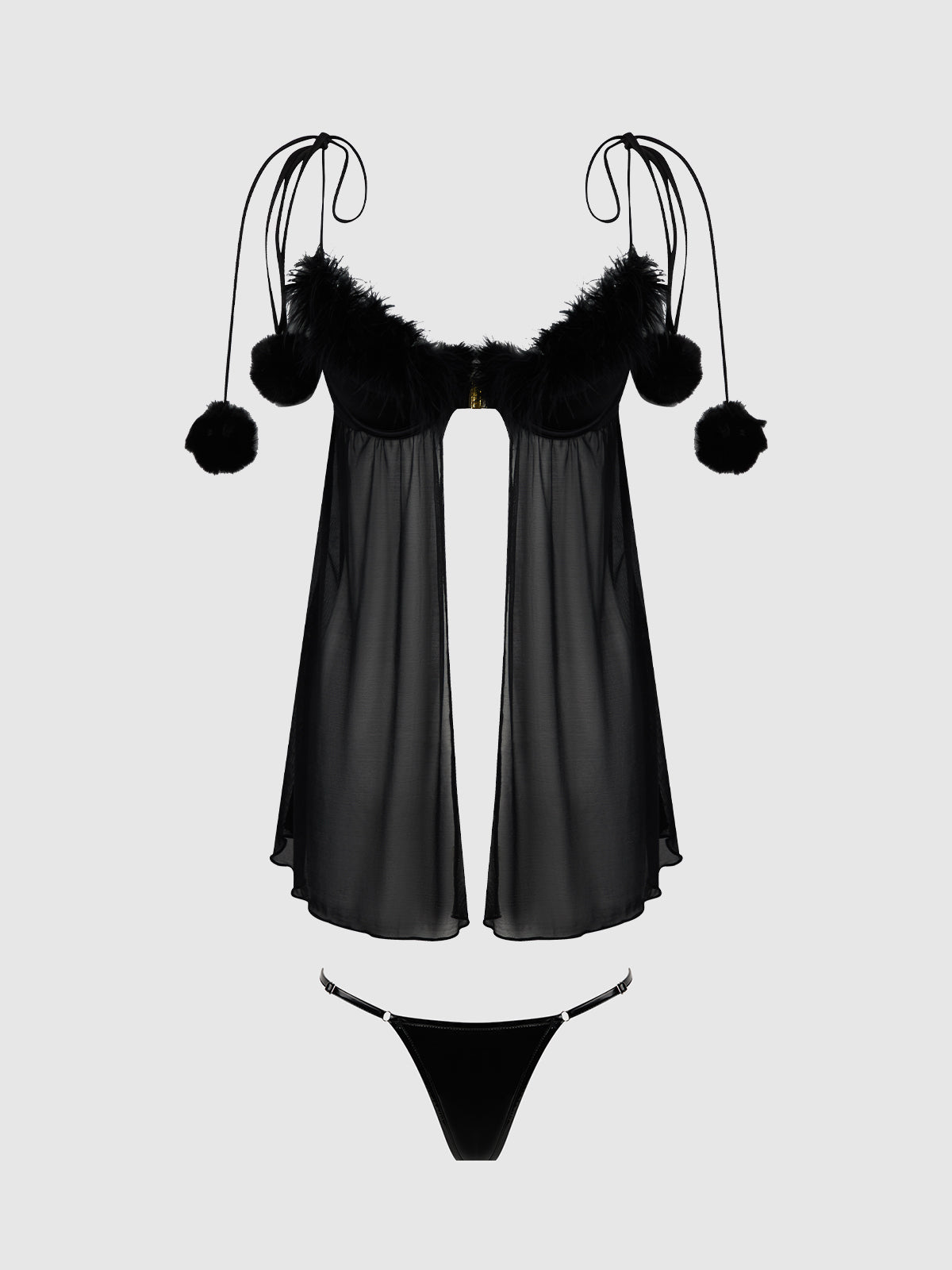 Marilyn Marabou & Mesh Babydoll & G-String Set Black