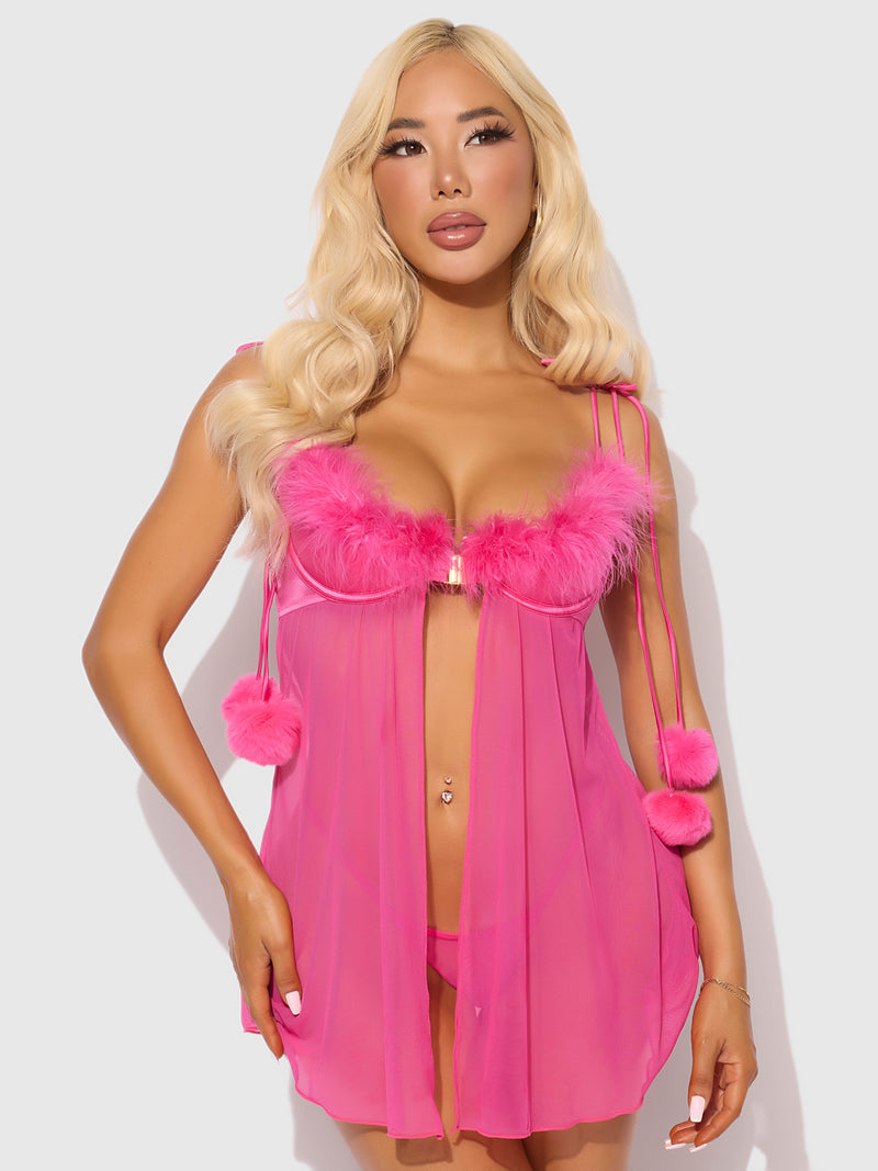 Marilyn Marabou & Mesh Babydoll & G-String Set Pink Dragon