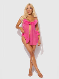 Marilyn Marabou & Mesh Babydoll & G-String Set Pink Dragon