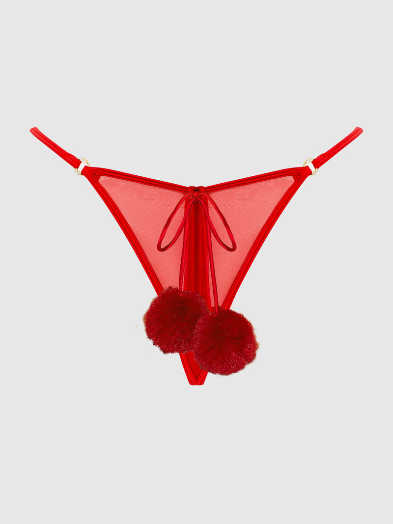 Marilyn Mesh & Pom Pom G-String Panty Crimson Red