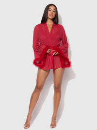 Marilyn Mesh & Feathers Short Robe Crimson Red