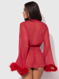 Marilyn Mesh & Feathers Short Robe Crimson Red