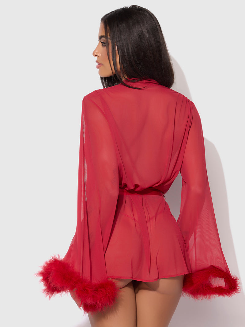 Marilyn Mesh & Feathers Short Robe Crimson Red