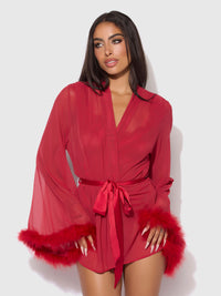 Marilyn Mesh & Feathers Short Robe Crimson Red