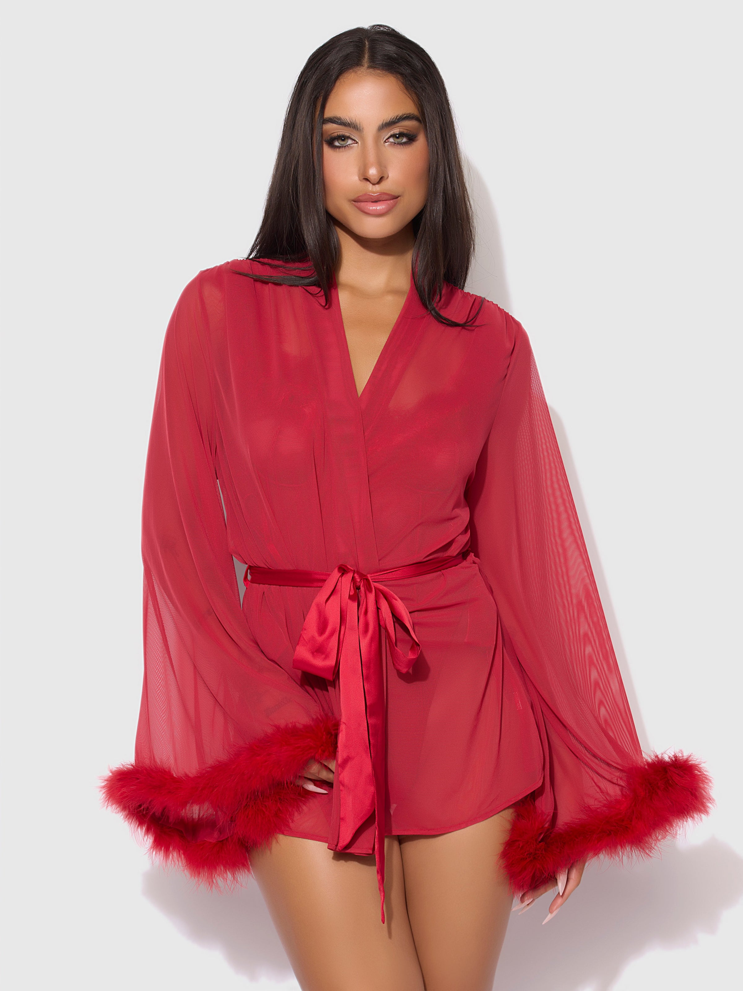 Marilyn Mesh & Feathers Short Robe Crimson Red
