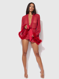 Marilyn Mesh & Feathers Short Robe Crimson Red
