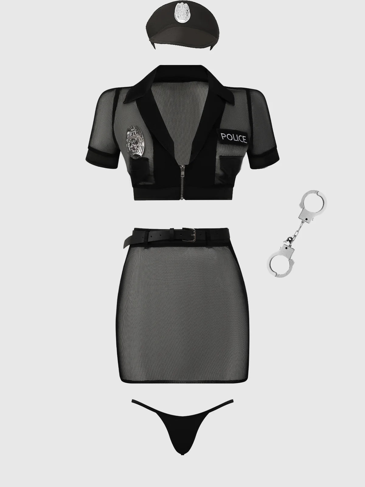 Under Arrest Mesh Top, Open Back Skirt, & Cuffs Set Costume