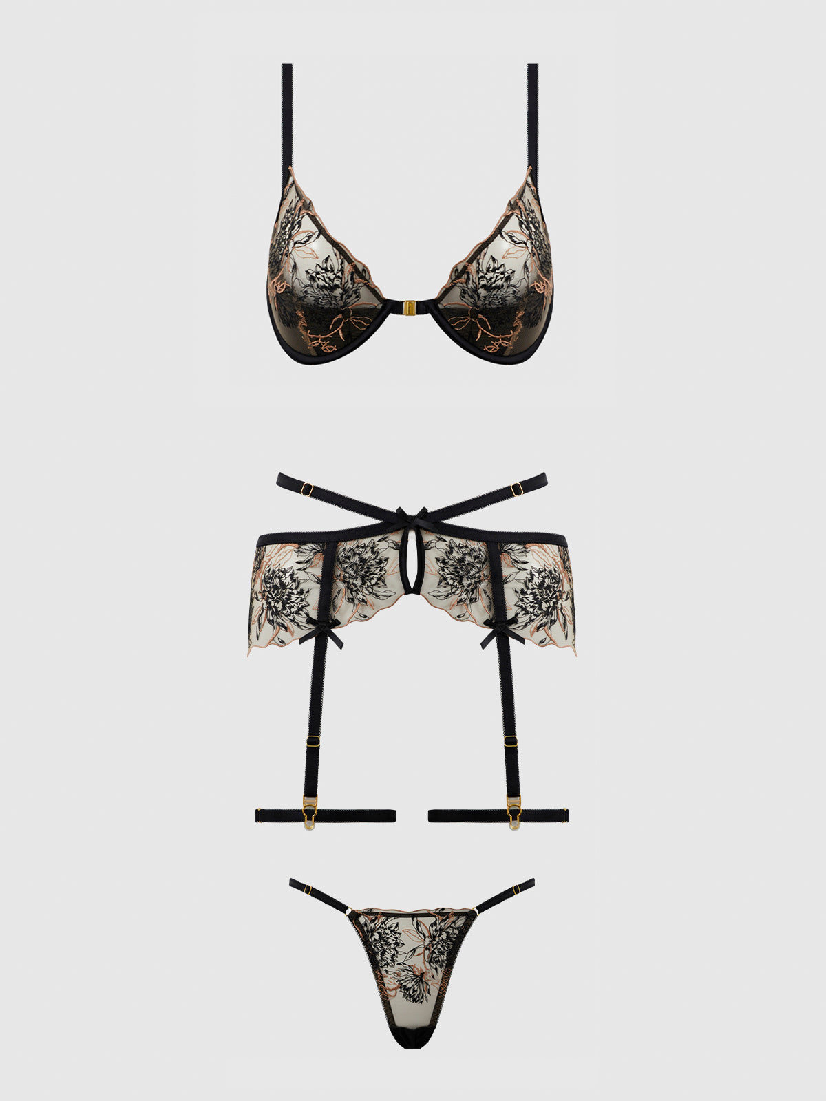 Delilah Embroidered Sheer Bra Set Black/Taupe