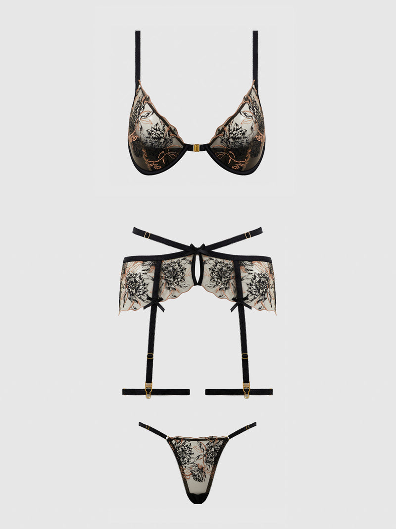 Delilah Embroidered Sheer Bra Set Black/Taupe