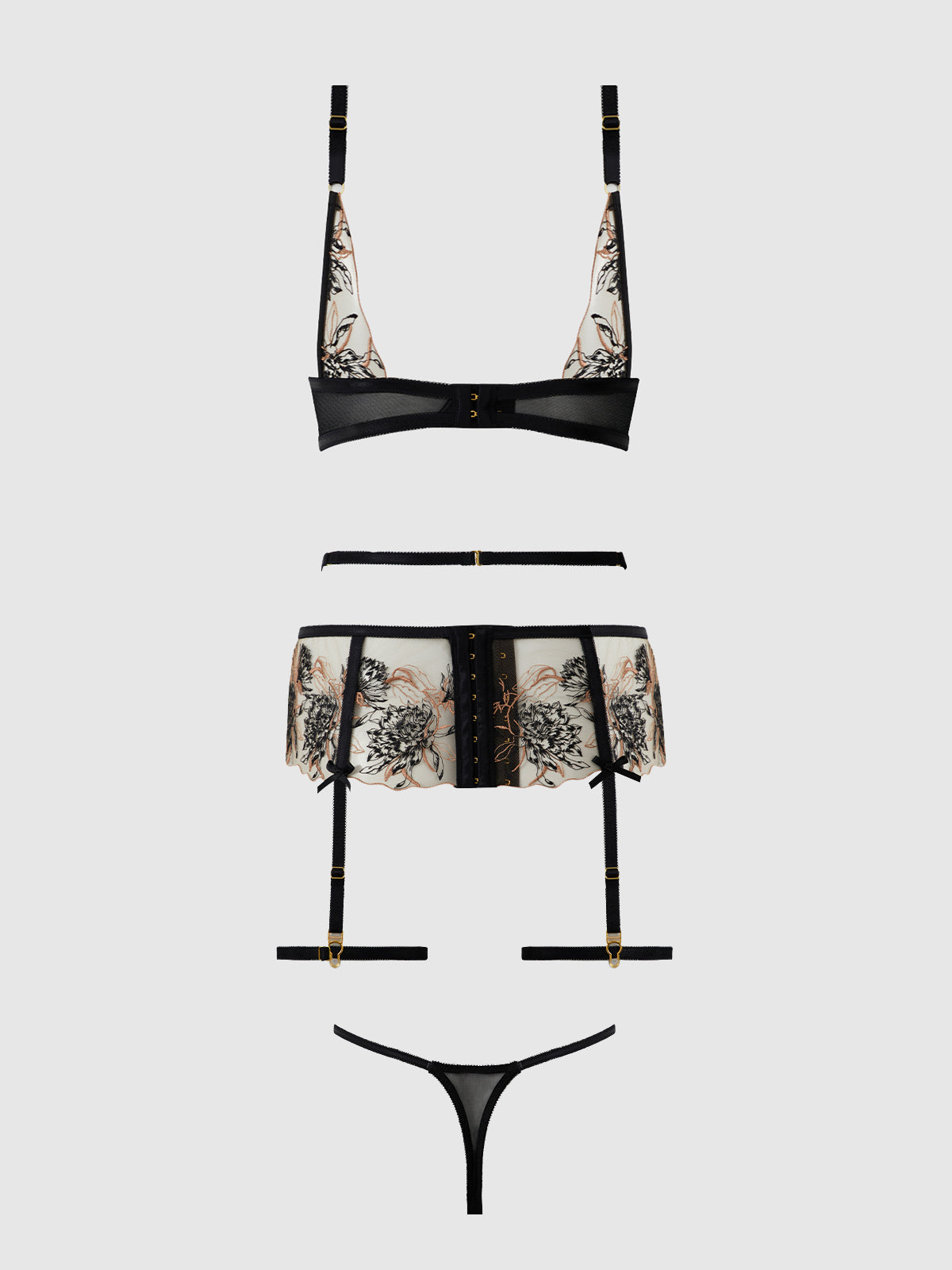 Delilah Embroidered Sheer Bra Set Black/Taupe