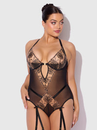 Delilah Embroidered Sheer Teddy Black/Taupe