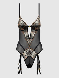 Delilah Embroidered Sheer Teddy Black/Taupe