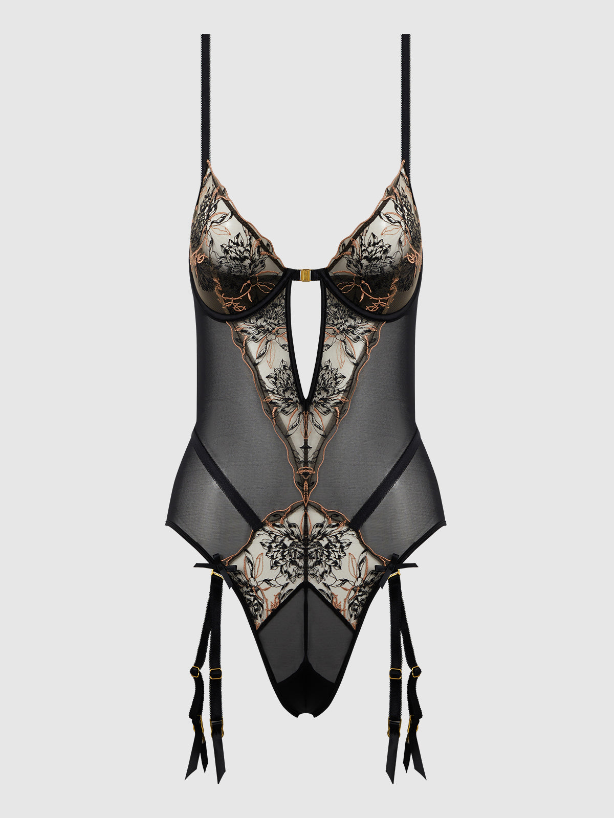 Delilah Embroidered Sheer Teddy Black/Taupe