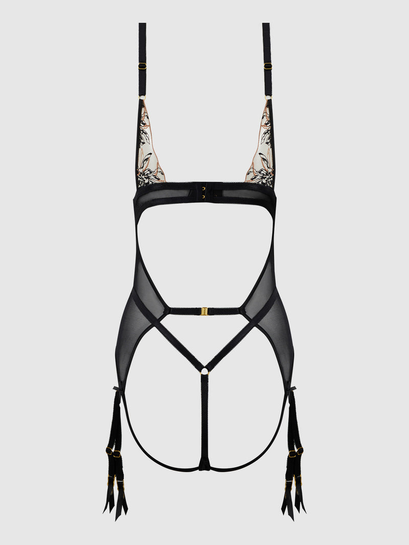 Delilah Embroidered Sheer Teddy Black/Taupe