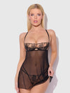 Delilah Embroidered Sheer Babydoll Set Black/Taupe