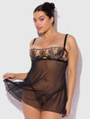 Delilah Embroidered Sheer Babydoll Set Black/Taupe