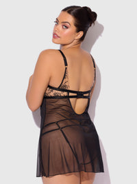 Delilah Embroidered Sheer Babydoll Set Black/Taupe