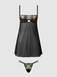 Delilah Embroidered Sheer Babydoll Set Black/Taupe