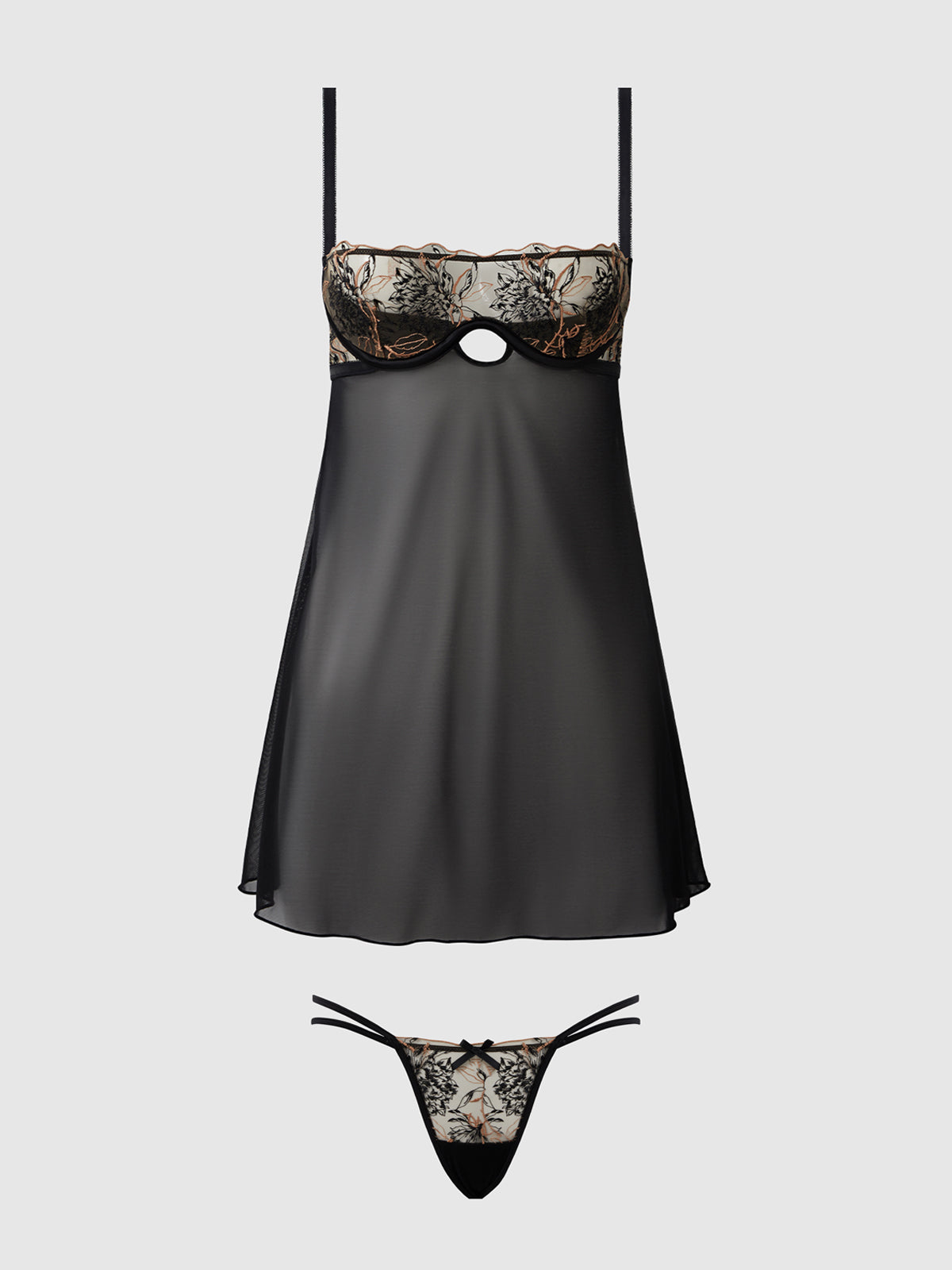 Delilah Embroidered Sheer Babydoll Set Black/Taupe