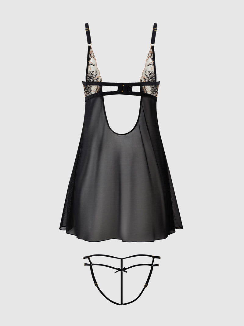 Delilah Embroidered Sheer Babydoll Set Black/Taupe