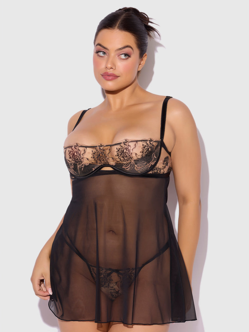 Delilah Embroidered Sheer Babydoll Set Black/Taupe