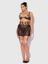Delilah Embroidered Sheer Open Back Garter Skirt Black/Taupe
