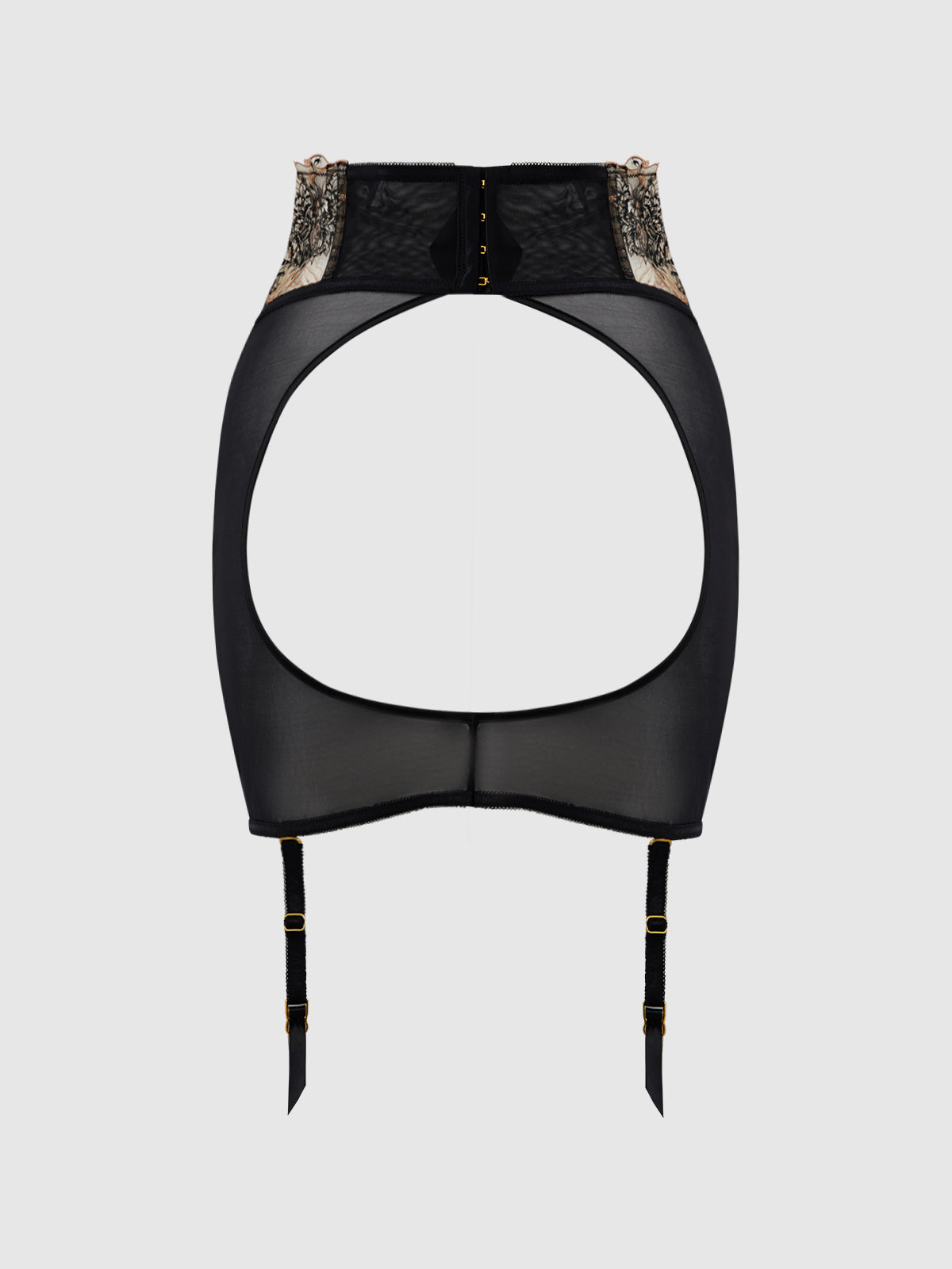 Delilah Embroidered Sheer Open Back Garter Skirt Black/Taupe