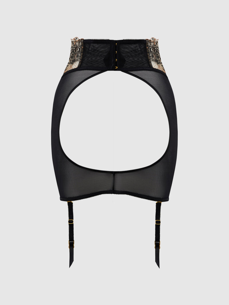Delilah Embroidered Sheer Open Back Garter Skirt Black/Taupe