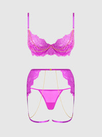 Reanna Lace & Chain Garter Bra Set Pink