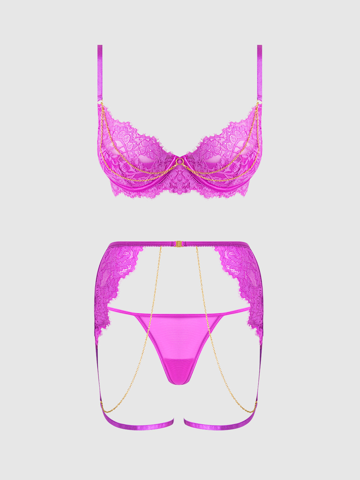 Reanna Lace & Chain Garter Bra Set Pink