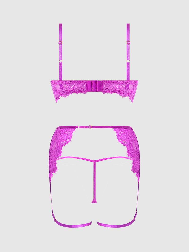 Reanna Lace & Chain Garter Bra Set Pink