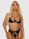Evangeline Satin & Chain Push Up Bra Set Black