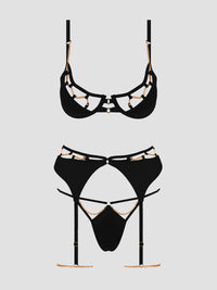 Evangeline Satin & Chain Push Up Bra Set Black