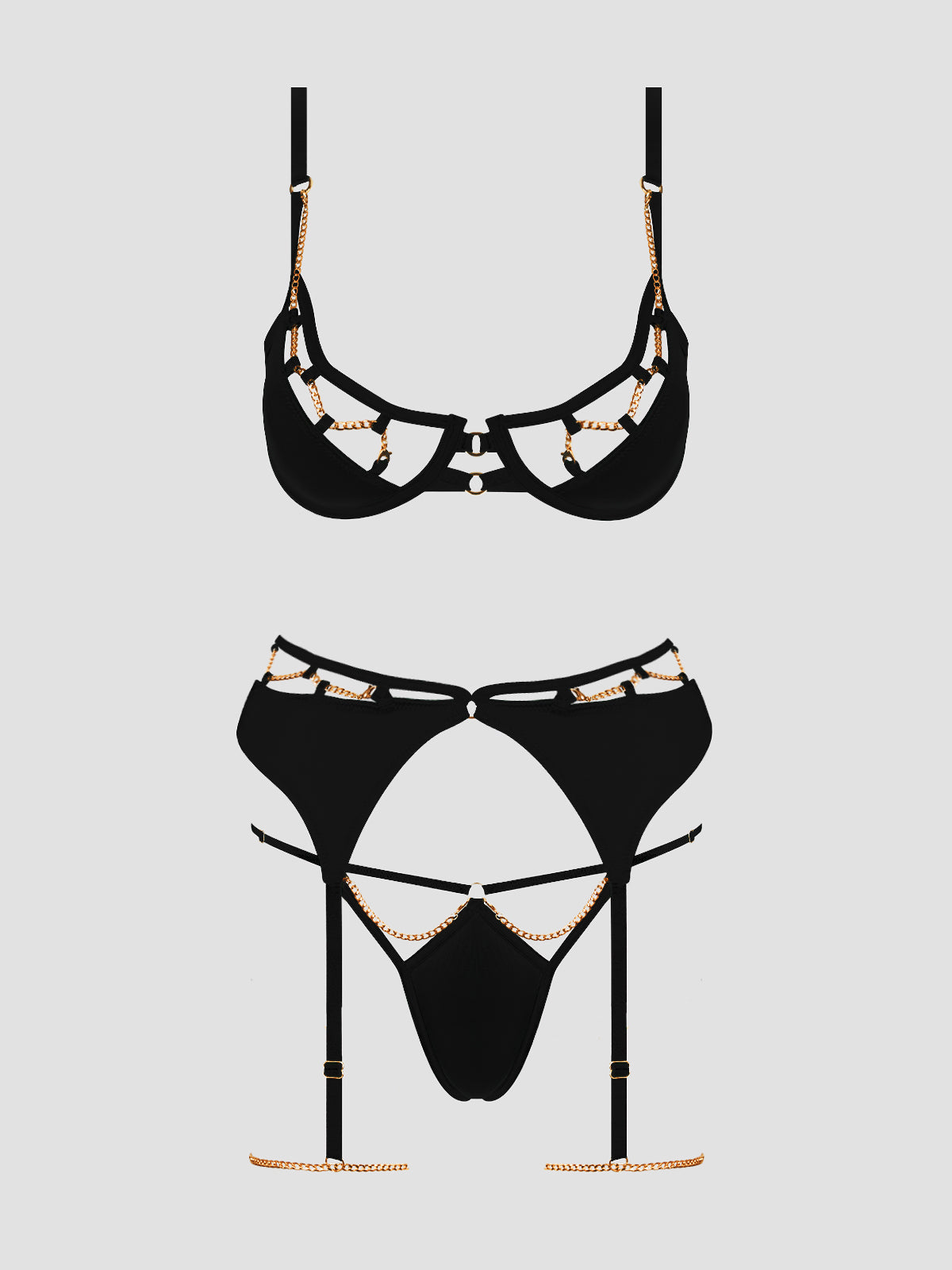 Evangeline Satin & Chain Push Up Bra Set Black