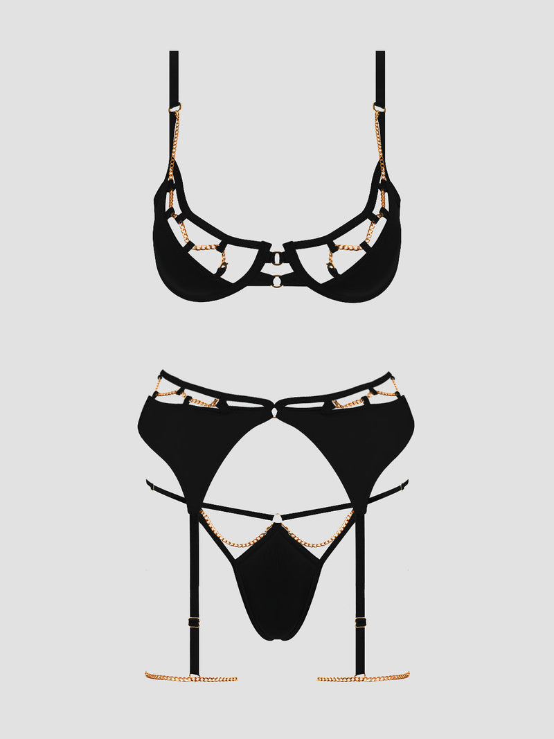 Evangeline Satin & Chain Push Up Bra Set Black
