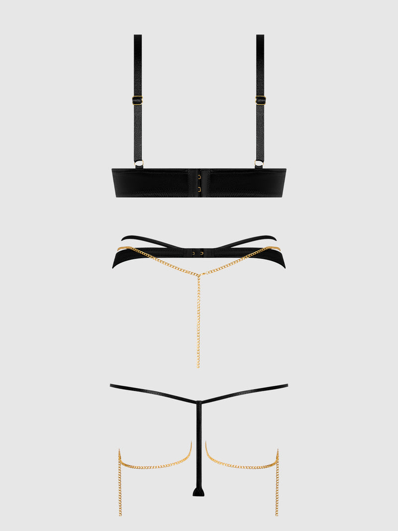 Evangeline Satin & Chain Push Up Bra Set Black