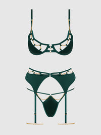 Evangeline Satin & Chain Push Up Bra Set Emerald