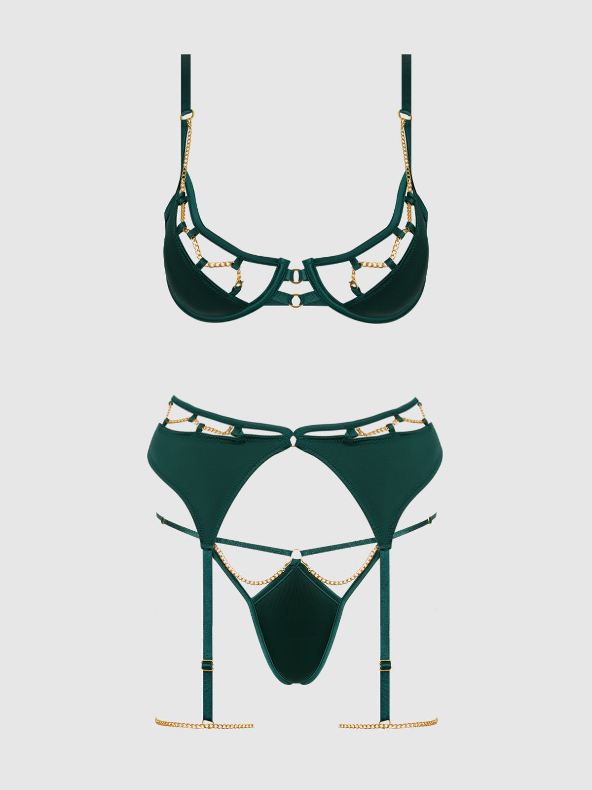 Evangeline Satin & Chain Push Up Bra Set Emerald