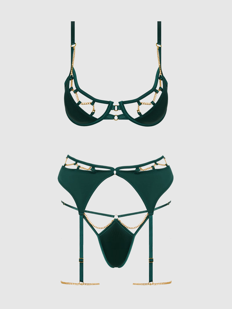 Evangeline Satin & Chain Push Up Bra Set Emerald