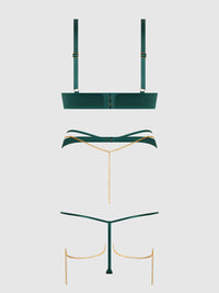 Evangeline Satin & Chain Push Up Bra Set Emerald