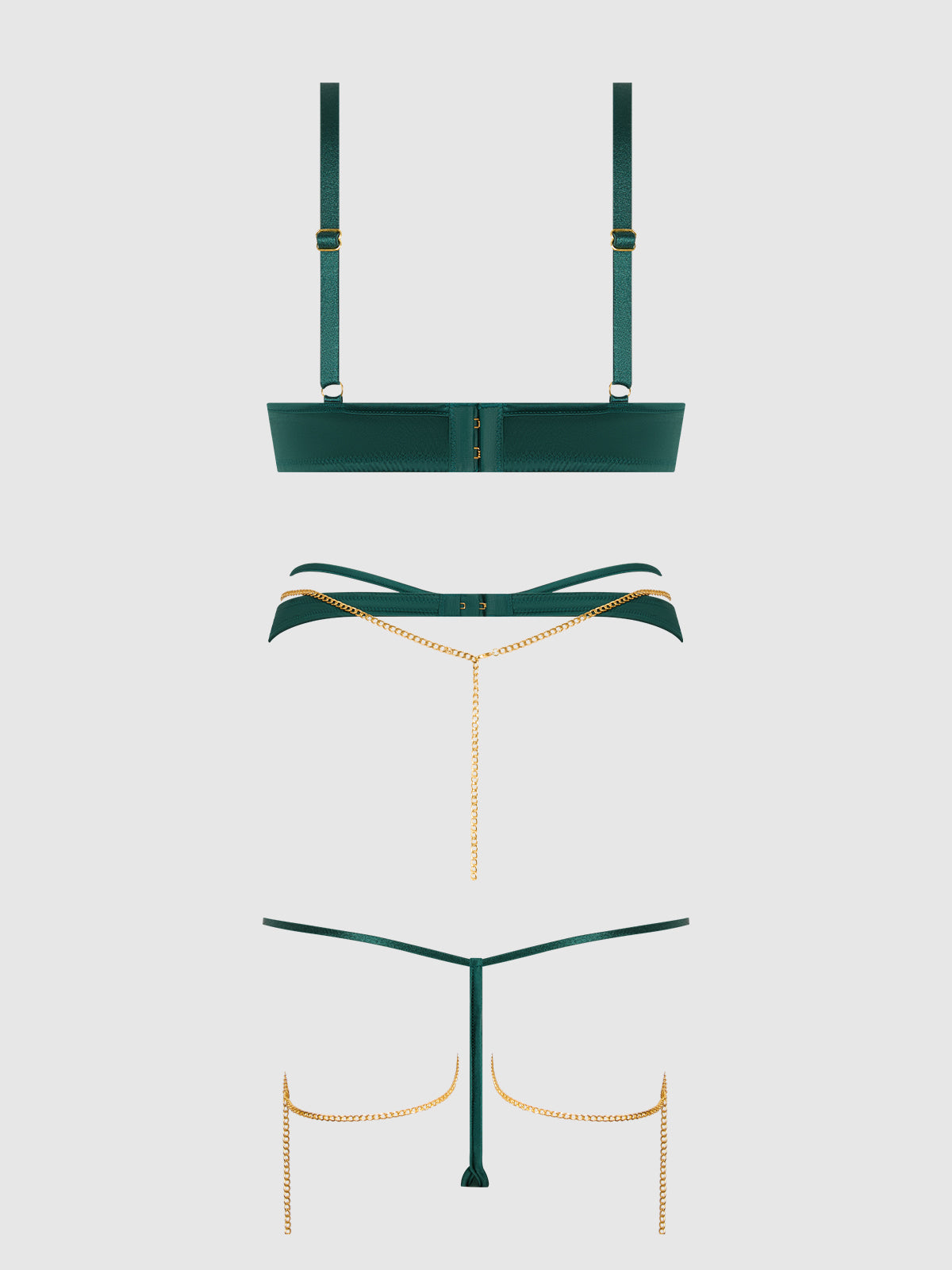 Evangeline Satin & Chain Push Up Bra Set Emerald