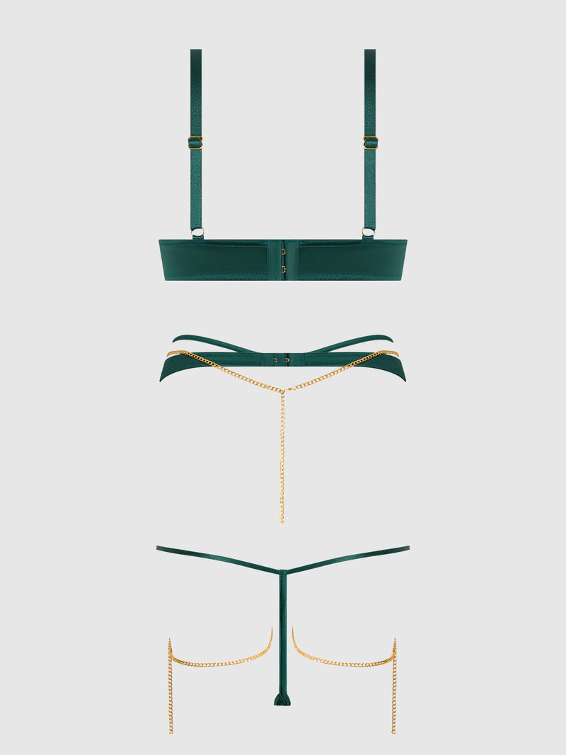 Evangeline Satin & Chain Push Up Bra Set Emerald