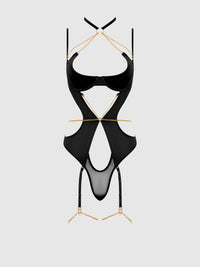 Evangeline Satin & Chain Halter Teddy Black