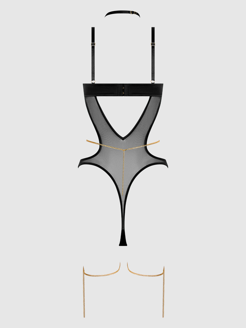 Evangeline Satin & Chain Halter Teddy Black