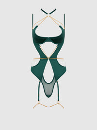 Evangeline Satin & Chain Halter Teddy Emerald