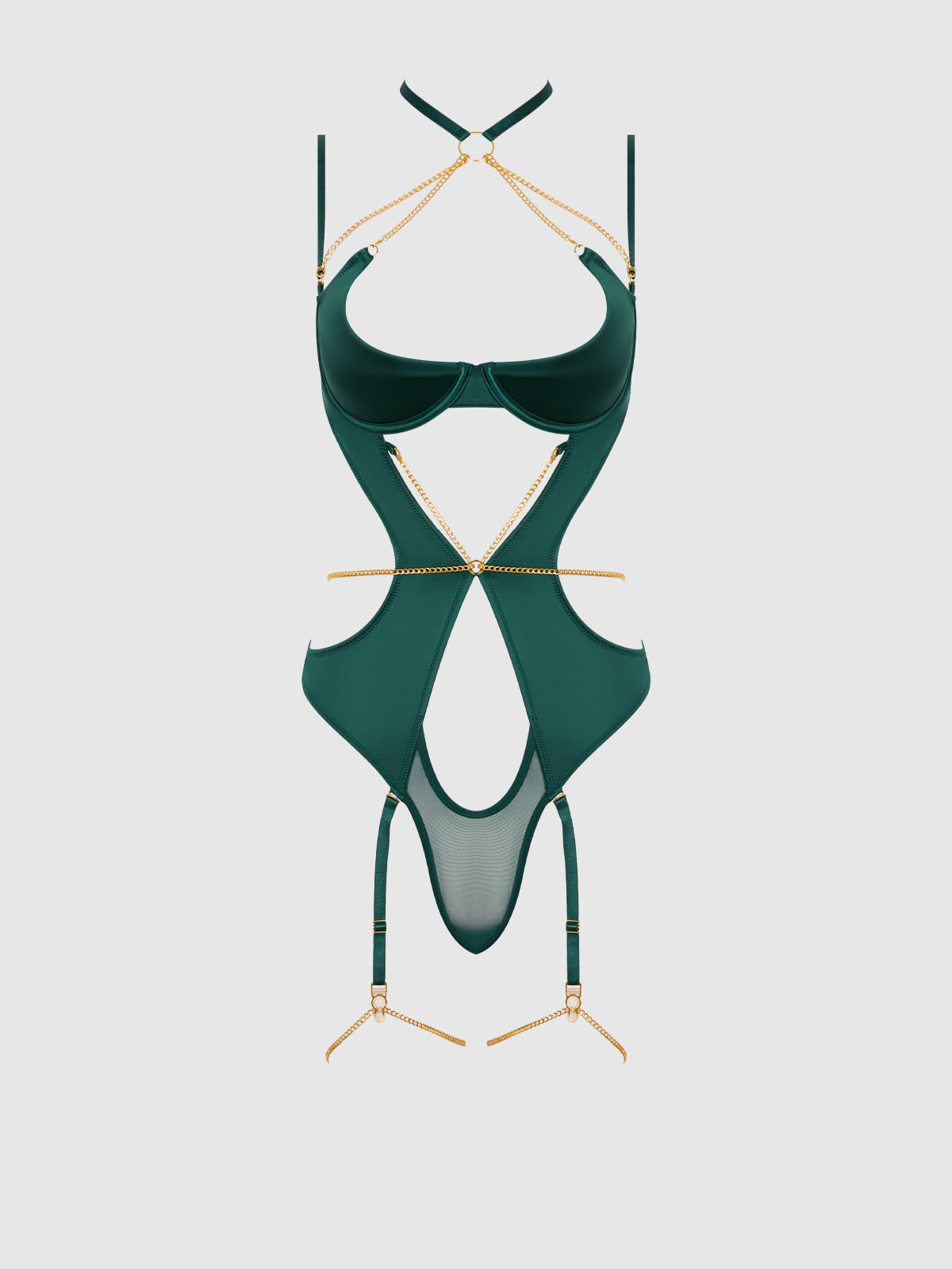 Evangeline Satin & Chain Halter Teddy Emerald