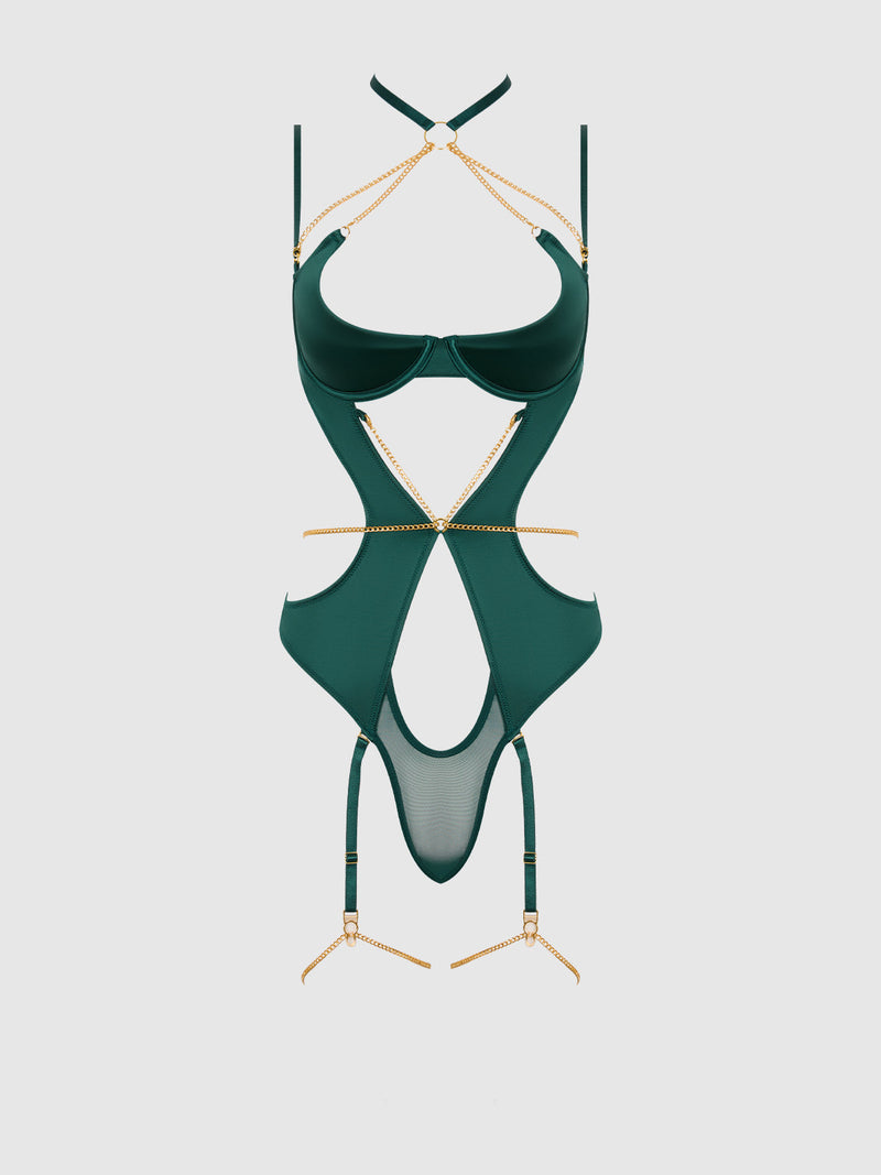 Evangeline Satin & Chain Halter Teddy Emerald