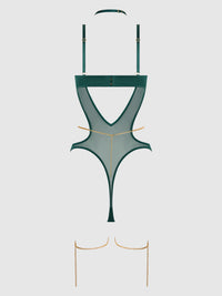 Evangeline Satin & Chain Halter Teddy Emerald
