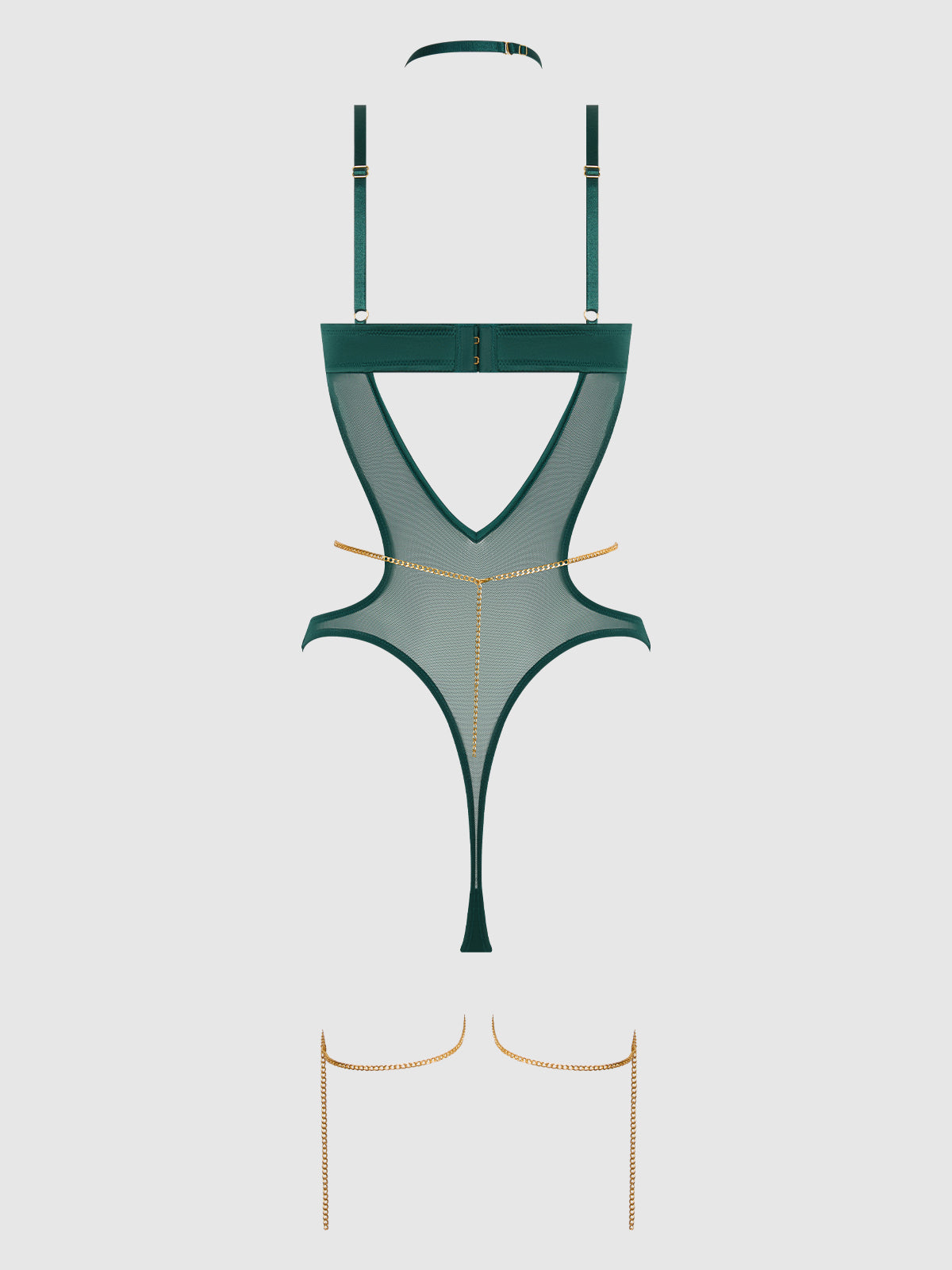 Evangeline Satin & Chain Halter Teddy Emerald
