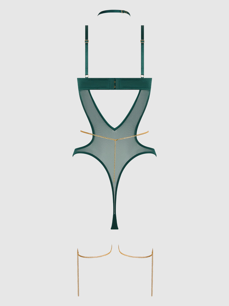 Evangeline Satin & Chain Halter Teddy Emerald